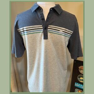 Travis Mathew Polo - Navy Blue & Light Heather Grey with Stripes, Size S